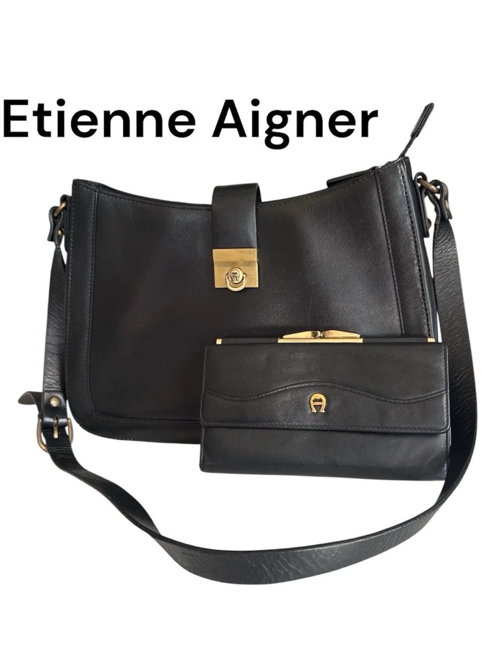 Etienne Aigner Vintage Black Leather Crossbody Bag + Wallet Gold Logo